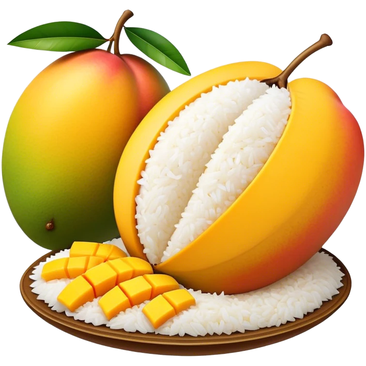 Cinematic Realistic Mango Sticky Rice Dessert Emoji, showcasing sweet sticky rice paired with ripe mango slices and coconut milk rendered with lifelike detail and warm, inviting lighting. emoji