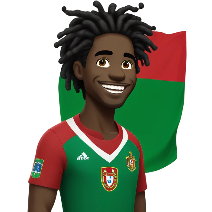  Young black man- 4 inch short black nappy messy dread locks-  low eyebrows - low eyes - no facial hair laughing Portugal jersey lean crazy smile  emoji