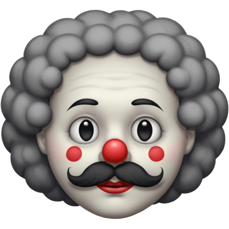 a melancholic clown character with a round gray face, half-closed sleepy eyes with long lashes, a big black round nose, and thick black mustache. Dark fluffy cloud-like hair on the sides of the head.  emoji