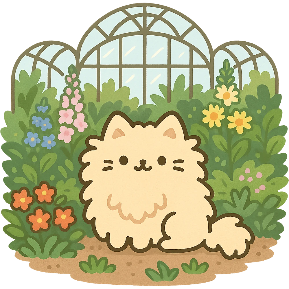 pusheen-style fluffy blonde kitten in a botanical garden greenhouse filled with flowers emoji