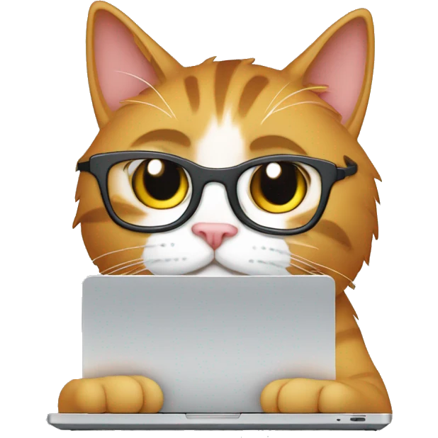 a nerdy cat in front of a computer without glasses emoji