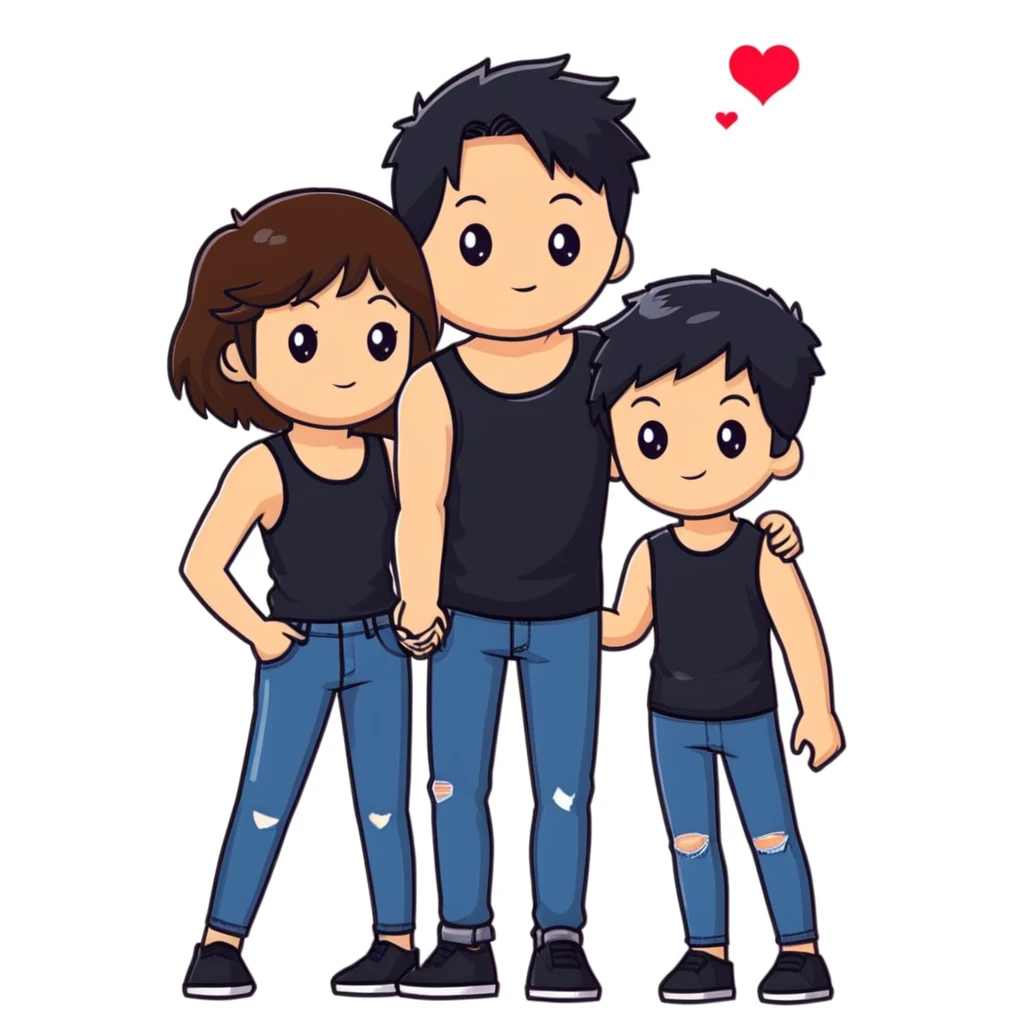 A girl with long brown hair holding the hand of a boy with short black hair, she wearing a black tank top with flared blue jeans, he wearing a black t-shirt with grey jeans, couple in love emoji