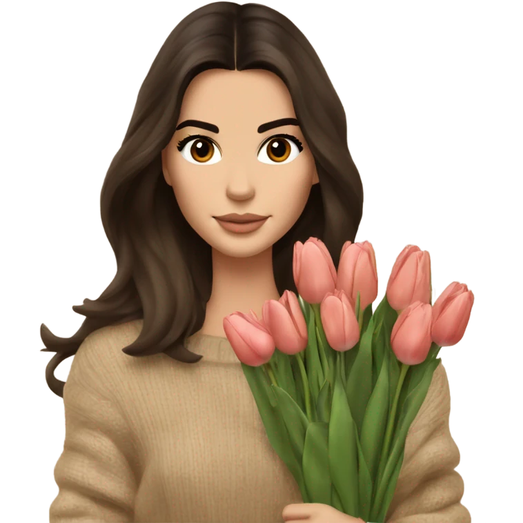 brunette Kendall Jenner with soft and long and brown hair her eyes brown and Holding a bouquet of tulips Her hair is wavy and shiny With brown sweater just one  emoji