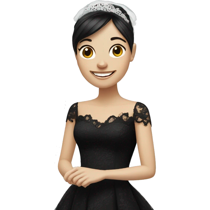 bride with very pale white skin and dark brown straight very short hair black lace dress and bangs laughing with veil emoji