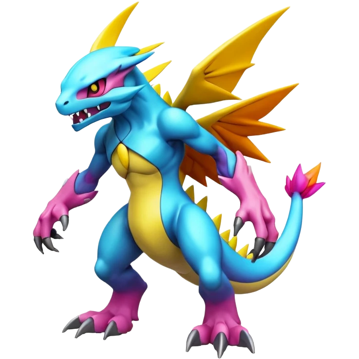 A 3D CGI model of a randomly-colored cool badass Fakémon-Pokémon-Digimon-Spectrobe-creature (full body) emoji