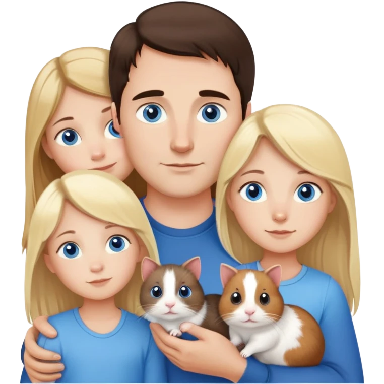 Family portrait with father with dark brown hair and blue eyes, mother with light brown hair and blue eyes, three blonde little girls with blue eyes, plus a cat and two guinea pigs emoji