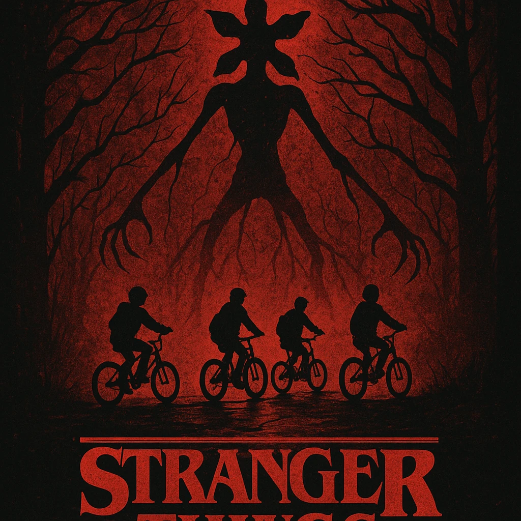 Stranger Things series, horror poster style, the Upside Down with silhouettes of kids on bikes emoji