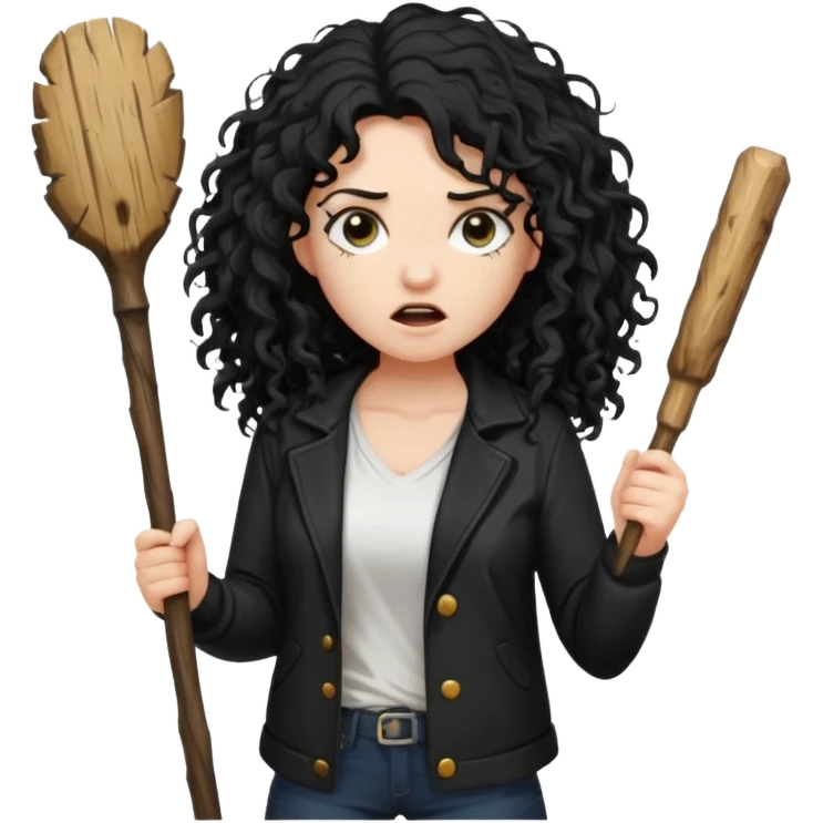 Hey, please generate me an emoji that depicts a woman white skin long black curly disheveled hair slightly thicker, she is wearing a white T-shirt and a black unbuttoned jacket she is furious she is holding a large wooden stick from a tree in her hands emoji