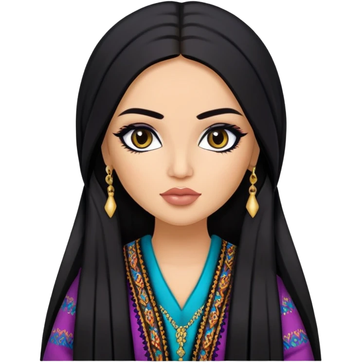 Afghan nose, pretty lips, afghan clothes, medium skin,  long black hair, pretty bratz baddie, black eyeliner emoji