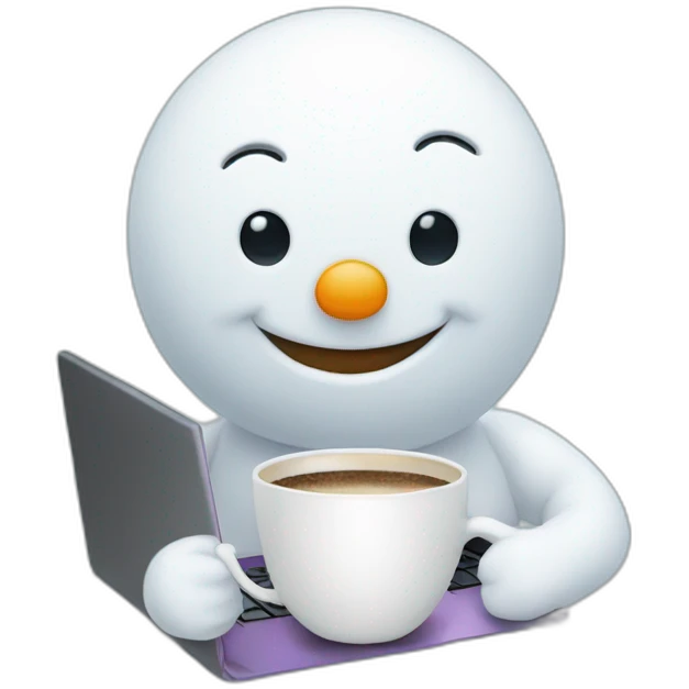 cute tiny smiling snowman working with a laptop holding a coffee mug emoji