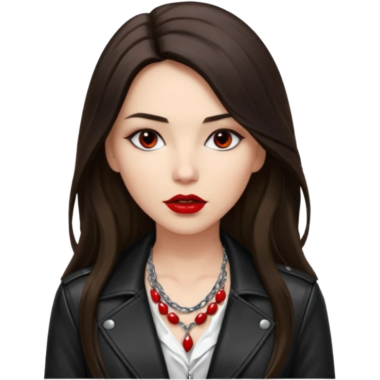 brunette with very long hair in black cuir jacket with red lips and very dark brown eyes and white shirt and mysterious necklace emoji