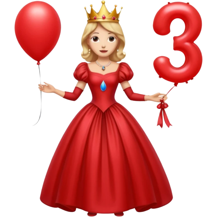 queen wearing dress, holding balloon in shape of number 3 emoji