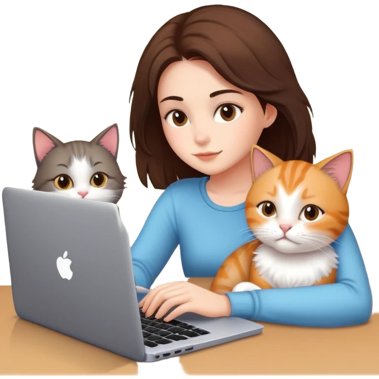 A girl is working on a laptop with a cat lying next to it emoji