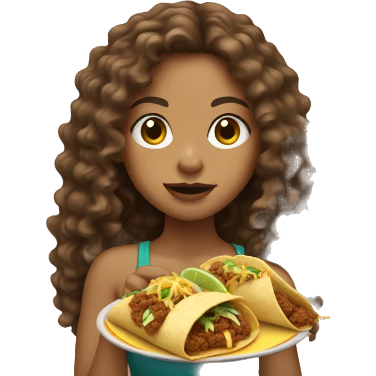 Light skin girl with long brown curly hair eating a taco emoji