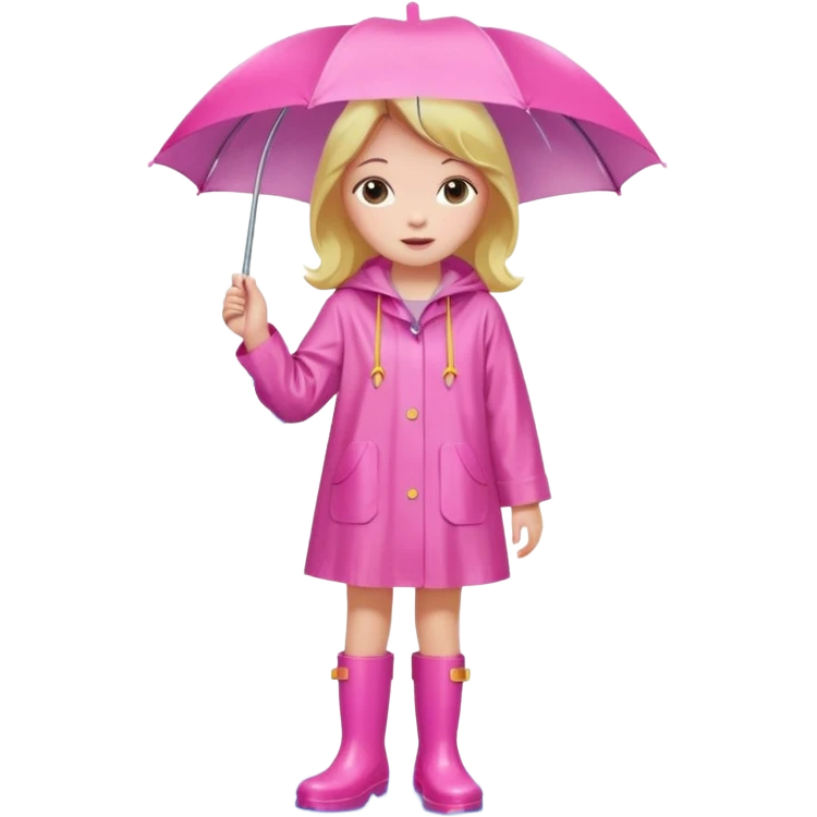Girl in Pink wide dress raincoat pink rainboots in rain emoji
