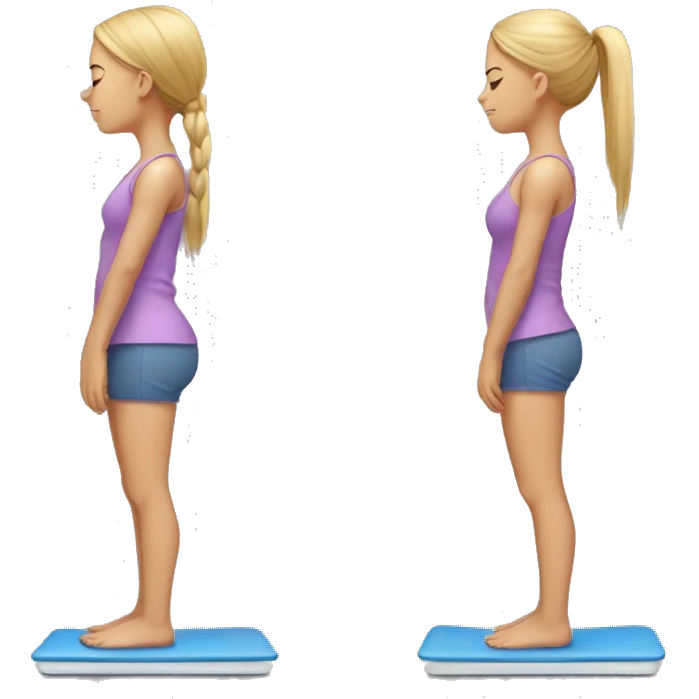 Side view of a girl standing on a bathroom scale, looking down, wearing yoga clothes emoji