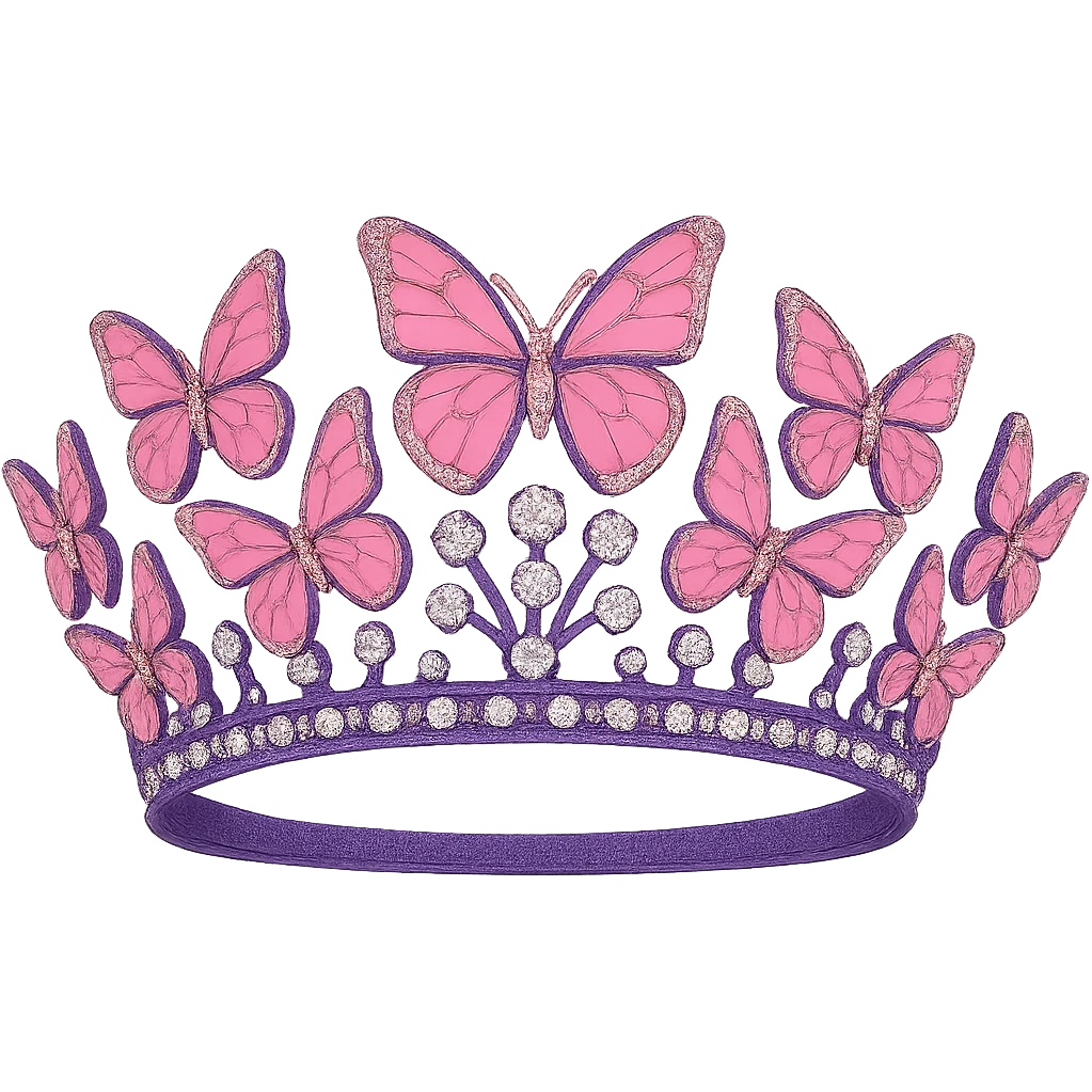 Change the base of the butterfly crown to purple, keep the vibrant pink enamel butterflies and sparkling gems, with no background. The style should maintain the original look of the butterfly crown. emoji