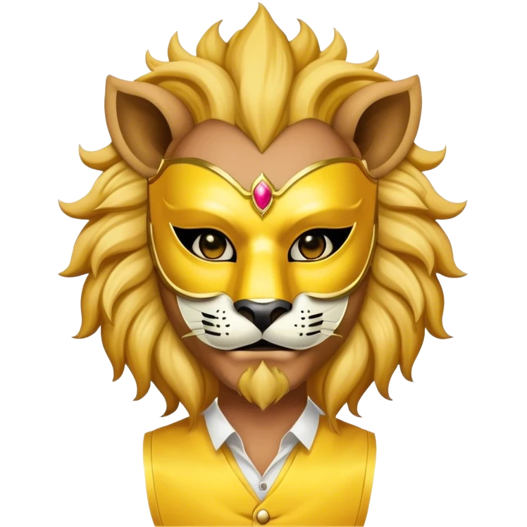 a man, with a Yellow vest,  wear half-face golden Lion masquerade mask emoji