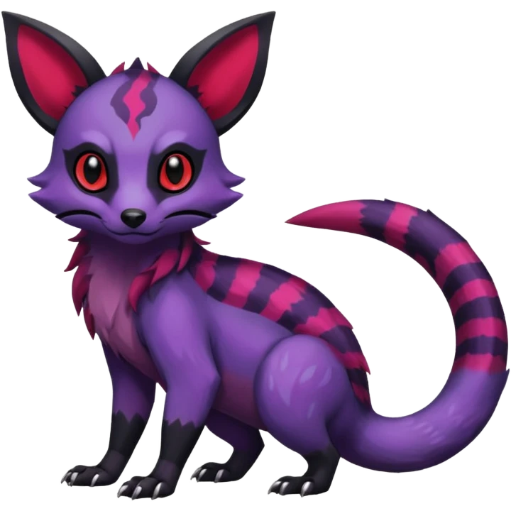 Rare exotic cute epic aesthetic gothic colorful Salandit-Eevee-Civet-species-Fakemon-hybrid-creature, with markings, full body emoji