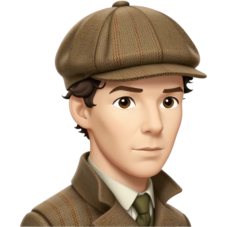 sherlock holmes benedict cumberbatch, wearing a deerstalker hat with the fabric is often tweed, which features a subtle checkered or herringbone pattern with darker and lighter threads woven together, creating texture and depth.  emoji