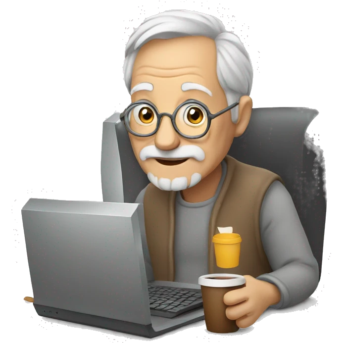 Old man with a computer and a coffee cup emoji