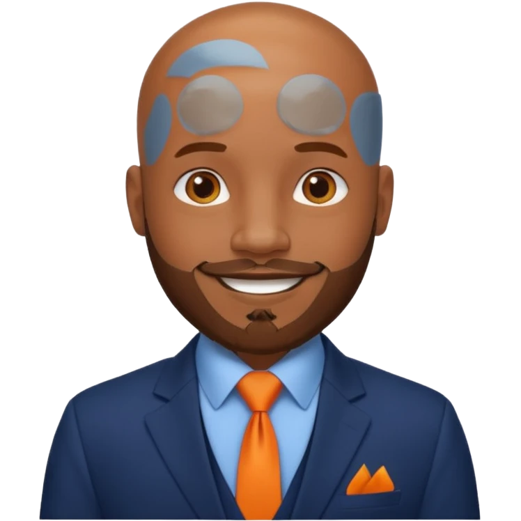 headshot of a sophisticated, stylish, bald head, smiling Caribbean black man with a beard and goatee in a navy blue suit, orange tie emoji
