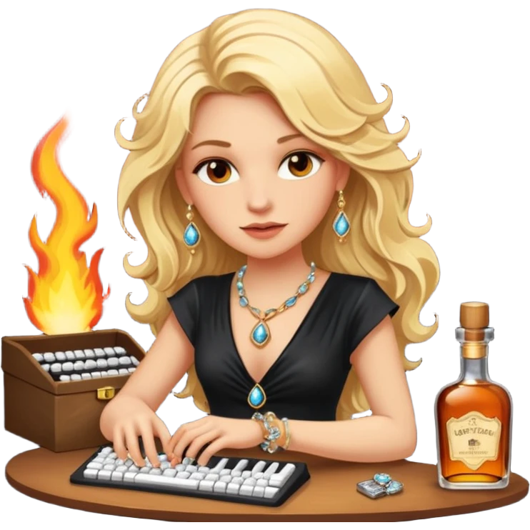 A sketchnote illustration rendered in a strong moody style, featuring a blonde woman with cascading gorgeous hair, a keyboard, a whiskey bottle, a key, a jewelry box, and fire elements against a black background. The lighting is low with low contrast, emphasizing dramatic shadows. emoji