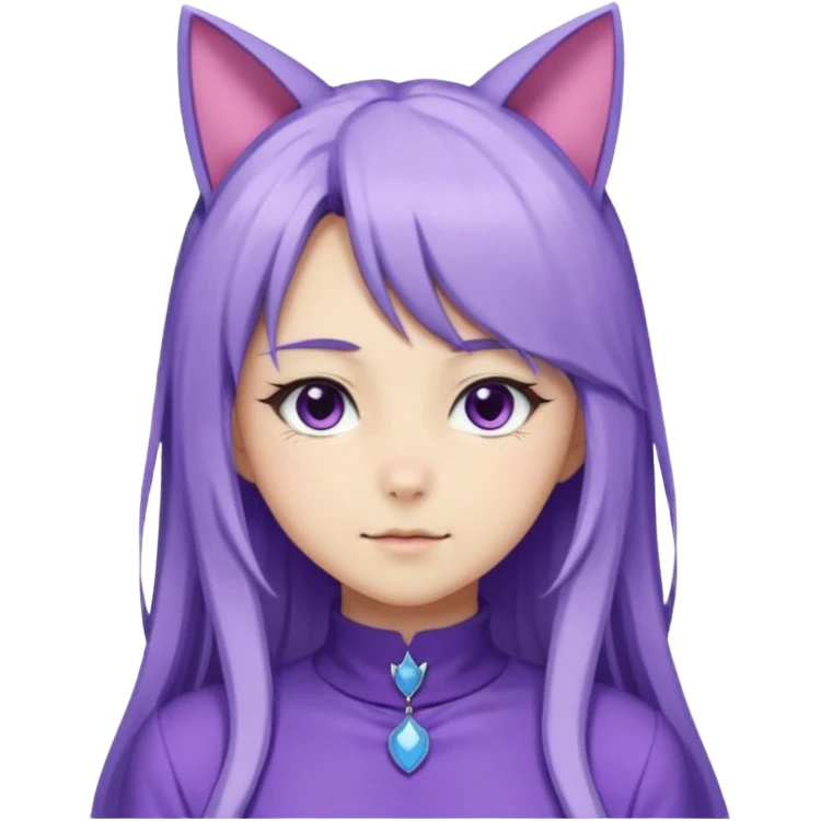 female anime character with long periwinkle hair and cat ears on her head. She is wearing a purple outfit with a high neckline and long sleeves.  emoji