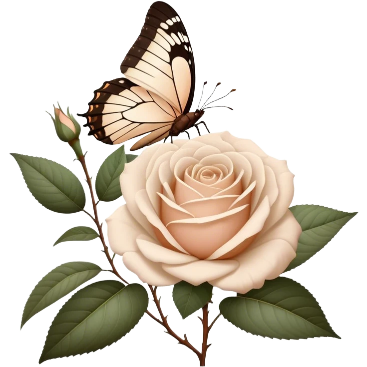 white Ascott tea rose next to a beige aesthetic vintage style leaf and a brown beautiful butterfly emoji
