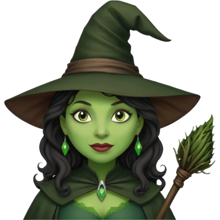 elphaba the wicked witch from wicked movie (cynthia erivo) dark long curly hair, thick lips, green skins, witch hat, witch broom, evil, wicked musical film, smirk emoji