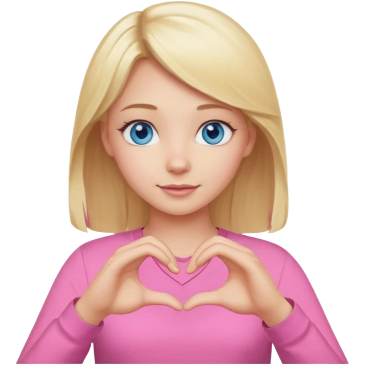 Realistic Blonde girl blue eyes, pink shirt, making heart sign with hands emoji