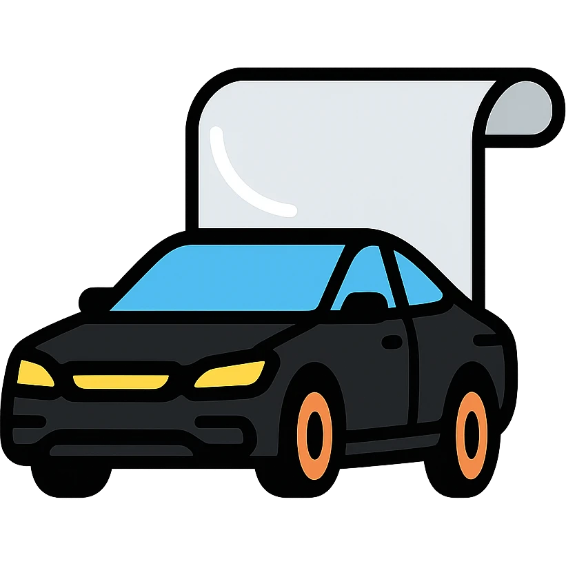 icon of a high-end black car partially covered by a rolled transparent or light gray film, glossy black as main color, film with curved effect to suggest adhesion, modern and clean style, no text emoji