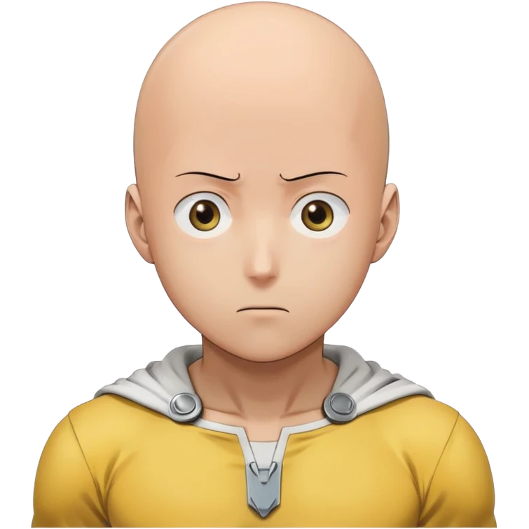 Saitama with blank face from One Punch Man, plain expression, bald head, simple round eyes, yellow hero suit, comical anime look emoji