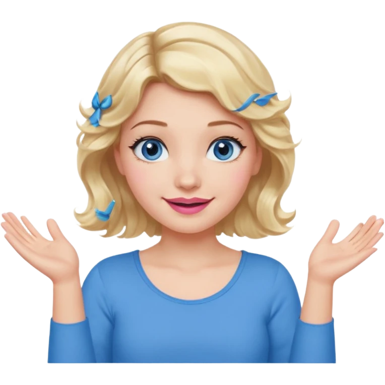Girl Blonde short wavy hair,  blue eyes, cute blue top, long lashes, pink lips, smiling, shrugging hands raised emoji