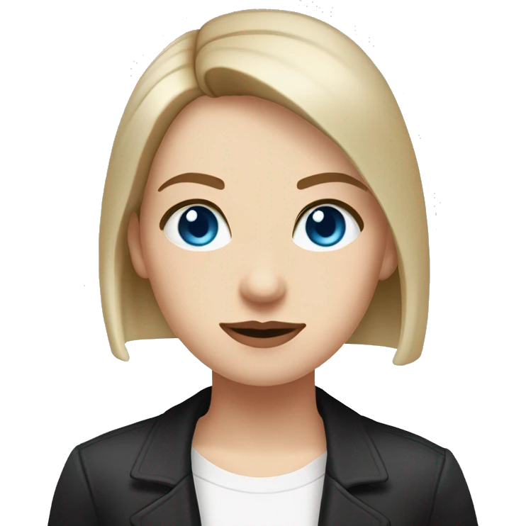 Slavic woman with blue eyes, fair skin, straight gradient from brown to blonde bob hair, goth eyes makeup, dressed in white T-shirt and office black jacket. emoji