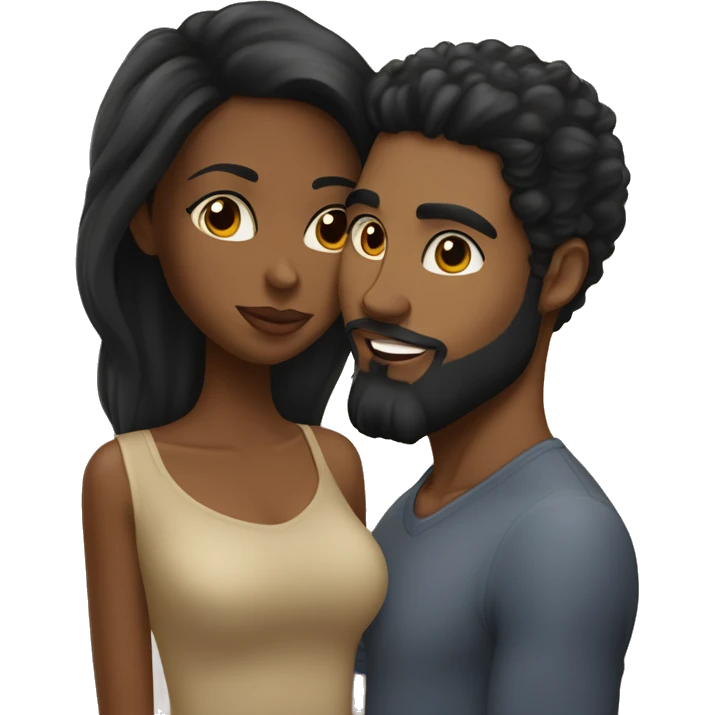 A caramel skin black woman with long black hair kissing her boyfriend who’s lighter in complexion and has a beard with big eye and a big nose  emoji