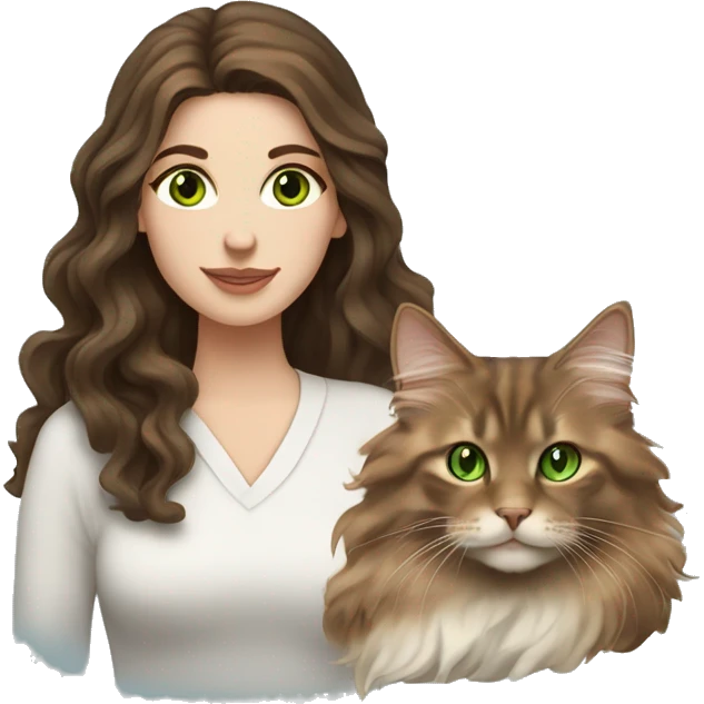 White brunette long wavy hair woman with green eyes holding a brown Maine coon cat  emoji
