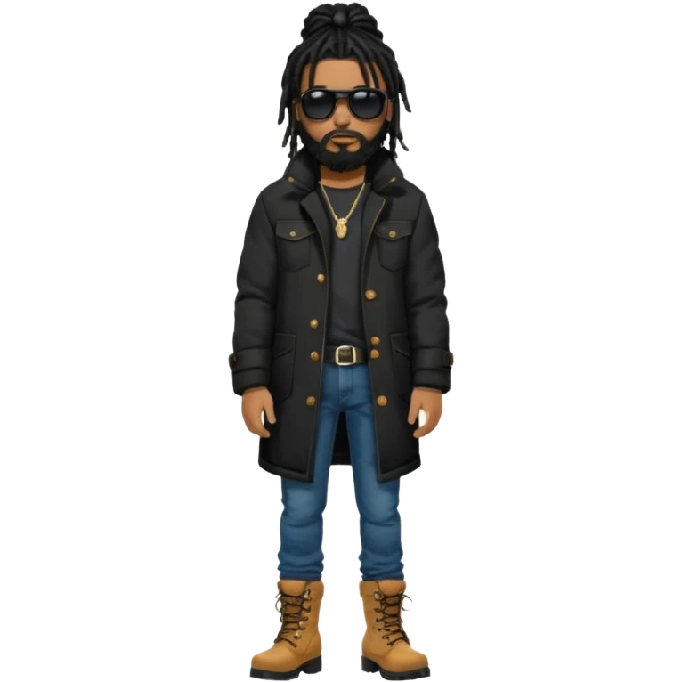 African American man with shoulder length black dreadlocks with black beard wearing black sunglasses wearing a black bubble winter coat wearing denim skinny jeans wearing wheat timberland boots thinking emoji