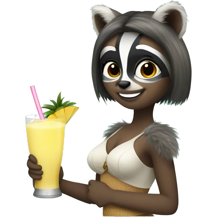 A raccoon girl holding a pina colada emoji