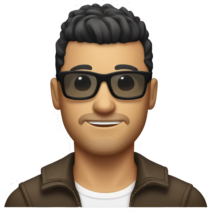 A tanned handsome white man with black short hair, dark glasses and a small beard, a small mohawk hairstyle emoji