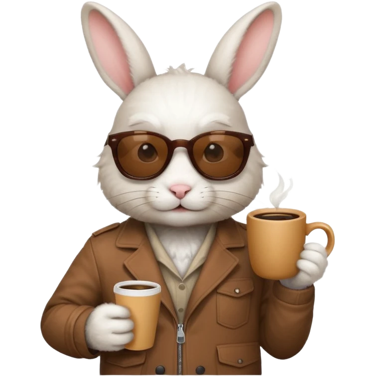 White rabbit, wearing brown jacket, sunglasses, holding coffee mug emoji