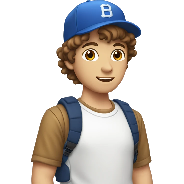 Teenager boy type italian, White skin, with baseball cap backwards with wavy brown hair (Which go down behind to the nape of the neck), Little bit dezoom emoji