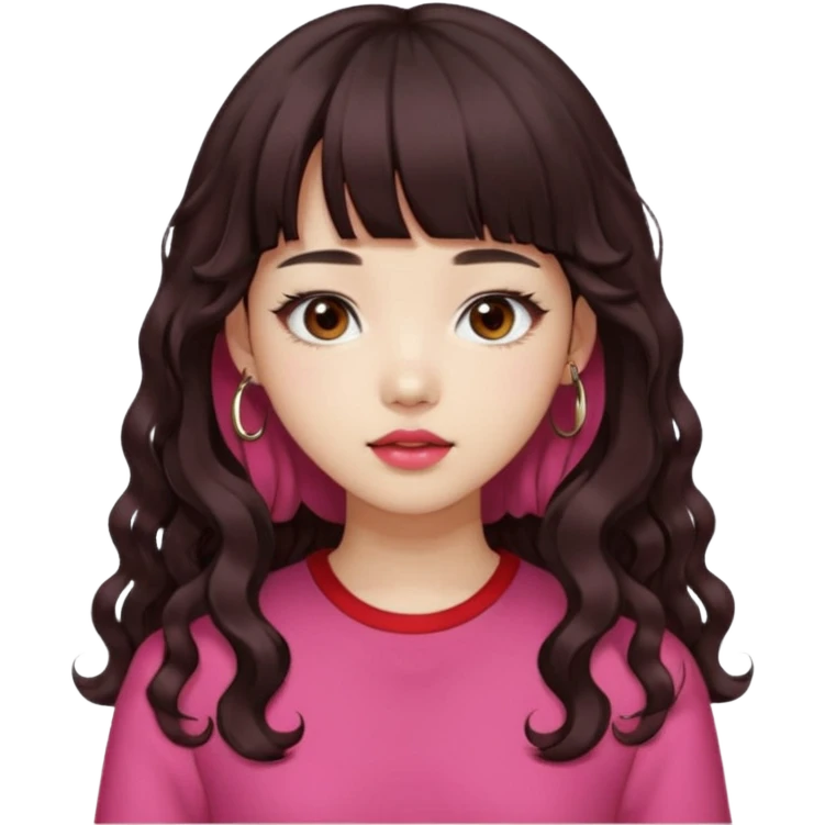 Korean girl, red top, black brown hair, brown eyes, long curly hair, aesthetic, long hair, hime cut, blunt bangs, pink lip, Cool girl emoji
