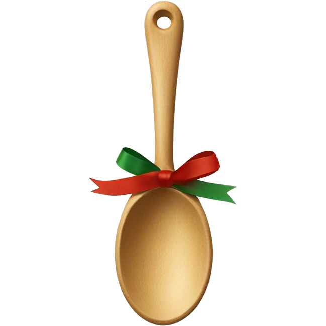 Wooden spoon decorated with a tiny red and green ribbon tied around the handle, perfect for holiday baking emoji