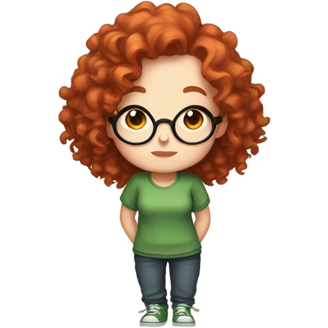 Chibi twitch emotes of a red curly haired girl, with freckles and big round glasses, in a green shirt emoji