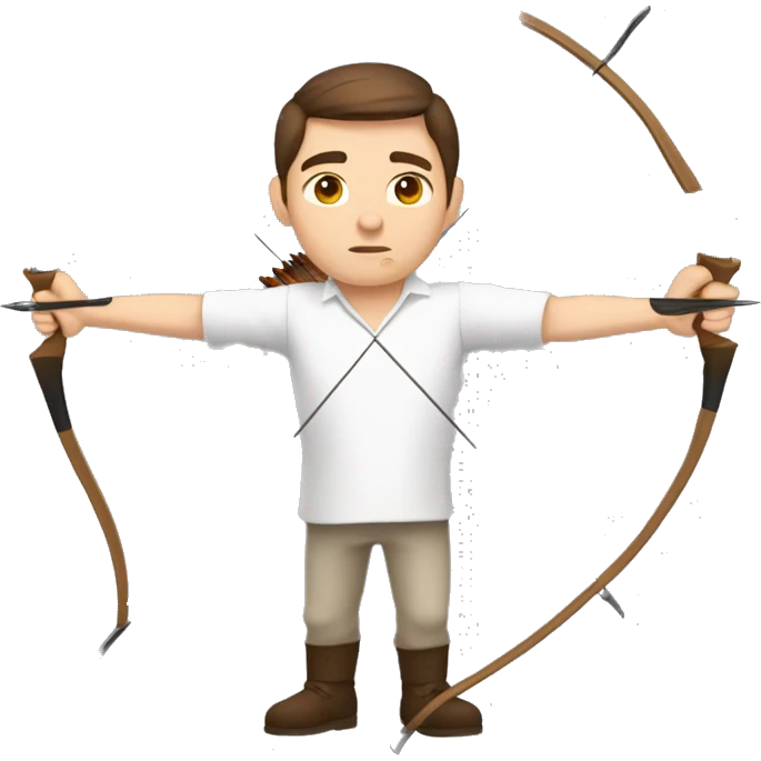 a male archer aiming with a bow facing  his target, eyes closed, wearing a white shirt, very short brown hair, bright skin, only show upper part of the body from waist up emoji