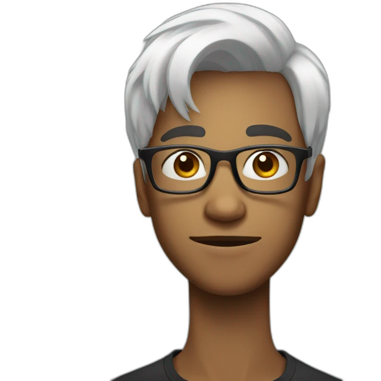 a thin teenager with white hair.  He is cross-eyed and has black glasses emoji