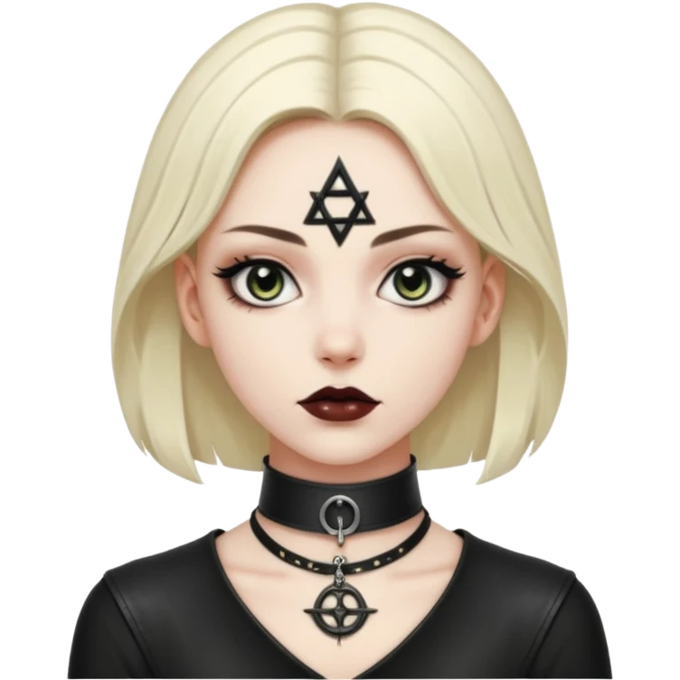 Leather choker with occult symbol on pale neck, dominance and devotion emoji