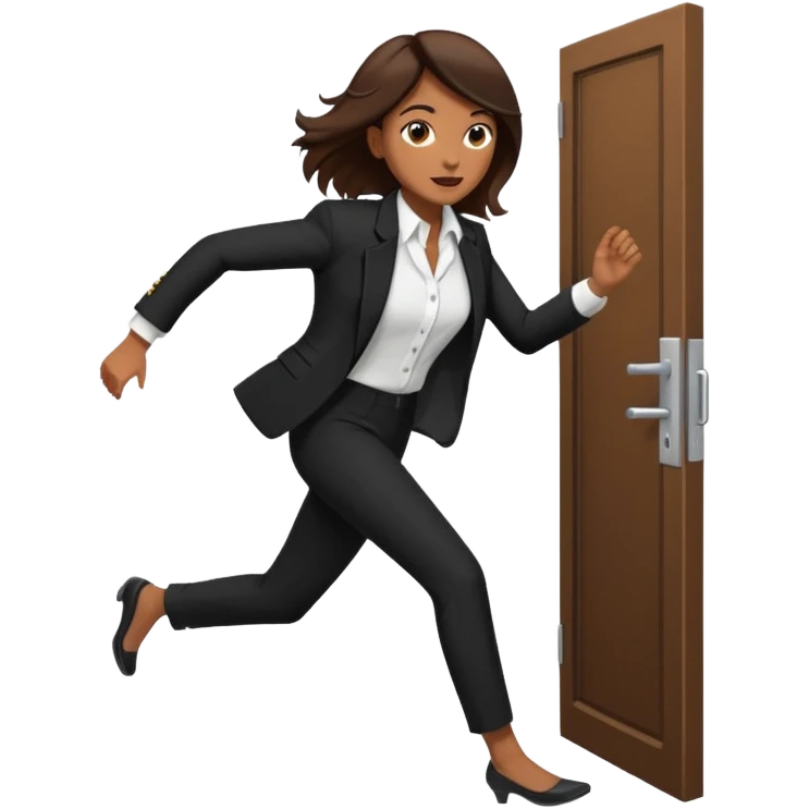 brown skinned female in business attire running out of door emoji