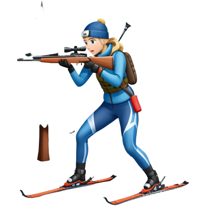 An icon showing a snowy landscape with pine trees, mountains, and a clear sky with a biathlete aiming a rifle in the foreground, wearing winter gear and skis. Transparent background emphasizes the precision, endurance, and beauty of this winter sport. emoji